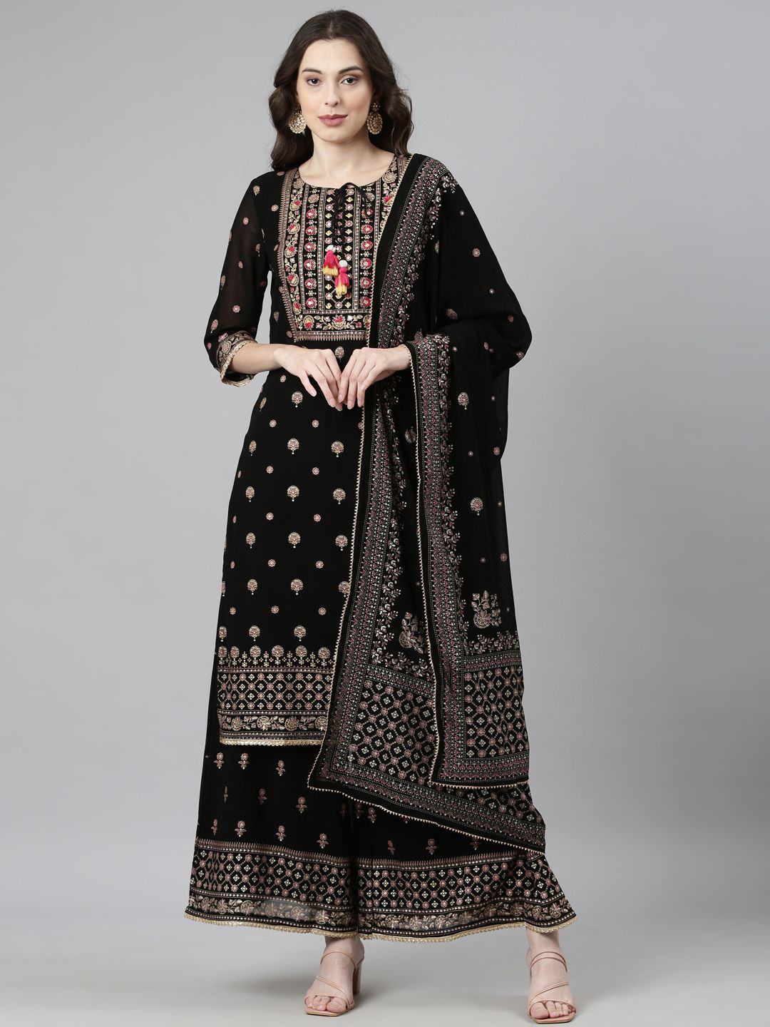 

Neerus Floral Embroidered Mirror Work Kurta with Palazzo & Dupatta, Black