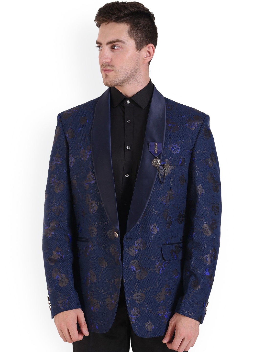 

Yaqoot Printed Slim Fit Single Breasted Tuxedo Blazer, Blue