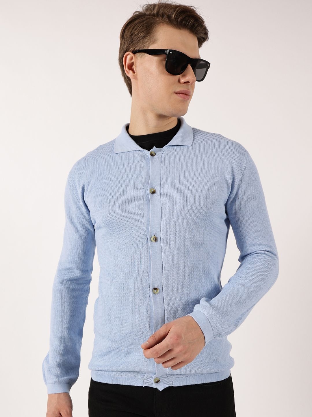 

Thomas Scott Men Pure Cotton Ribbed Shirt Collar Cardigan Sweater, Blue