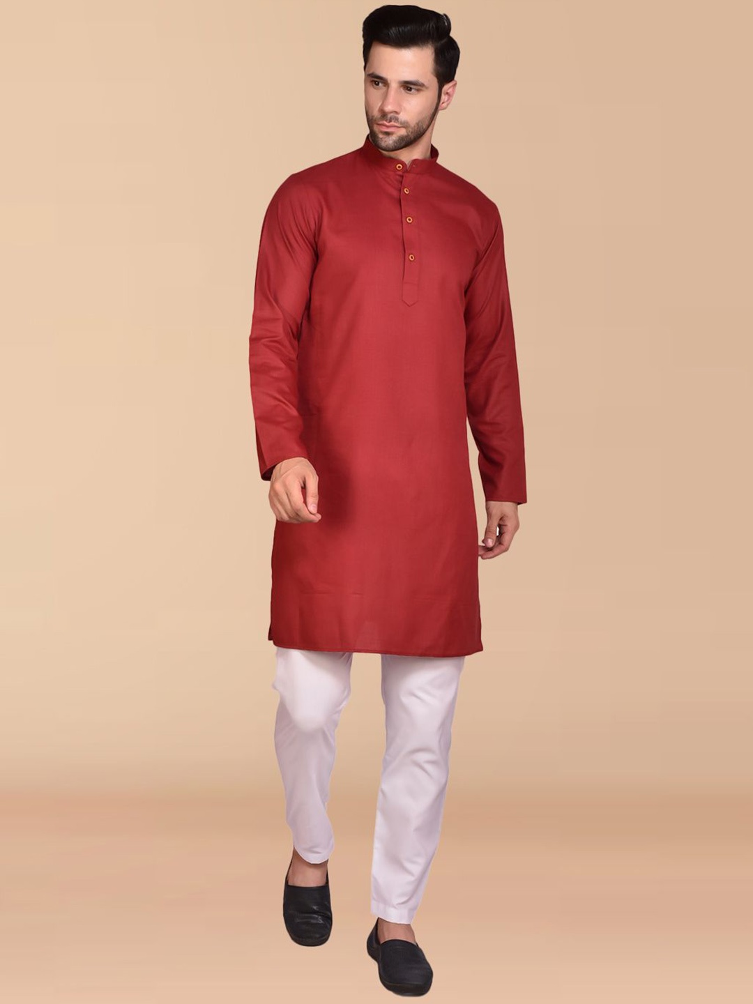 

PRINTINDIA Mandarin Collar Pure Cotton Kurta with Trouser, Maroon