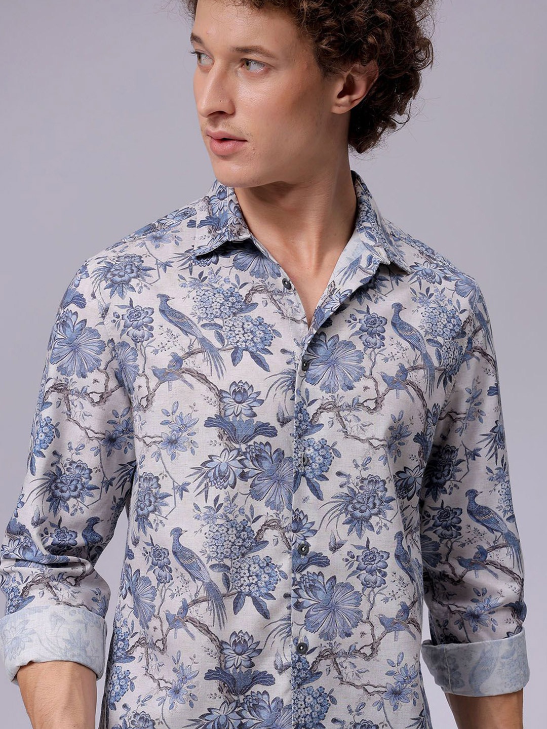 

The Indian Garage Co Men Regular Fit Floral Printed Resortwear Linen Shirt, Blue