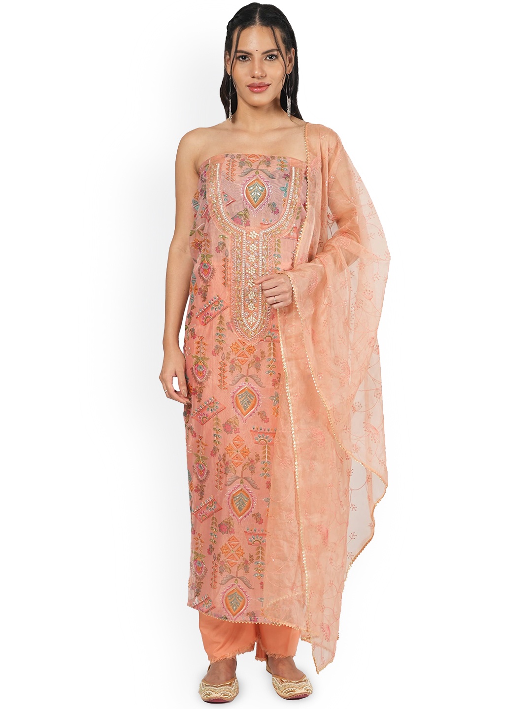 

MOZAFIA Floral Embroidered Beads and Stones Organza Unstitched Dress Material, Pink