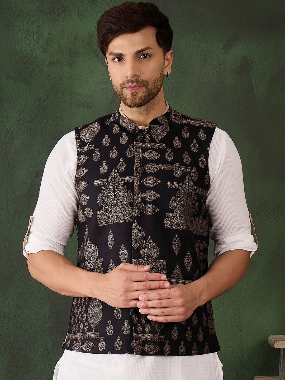 

Sangria Men Woven Design Winter Pashmina Nehru Jackets, Black