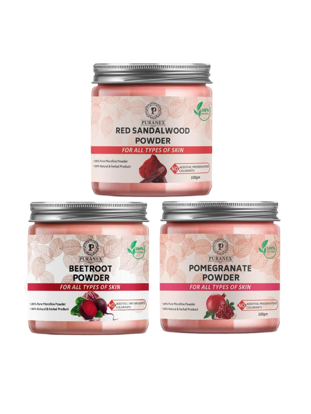 

Puranex Set Of 3 Natural Red Sandal Wood - Pomegranate & Beetroot Powder - 100g Each, White