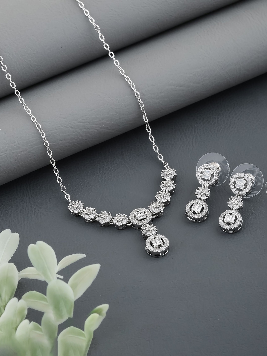 

SKY SHOPPERS Silver-Plated CZ-Stone Stone-Studded Jewellery Set