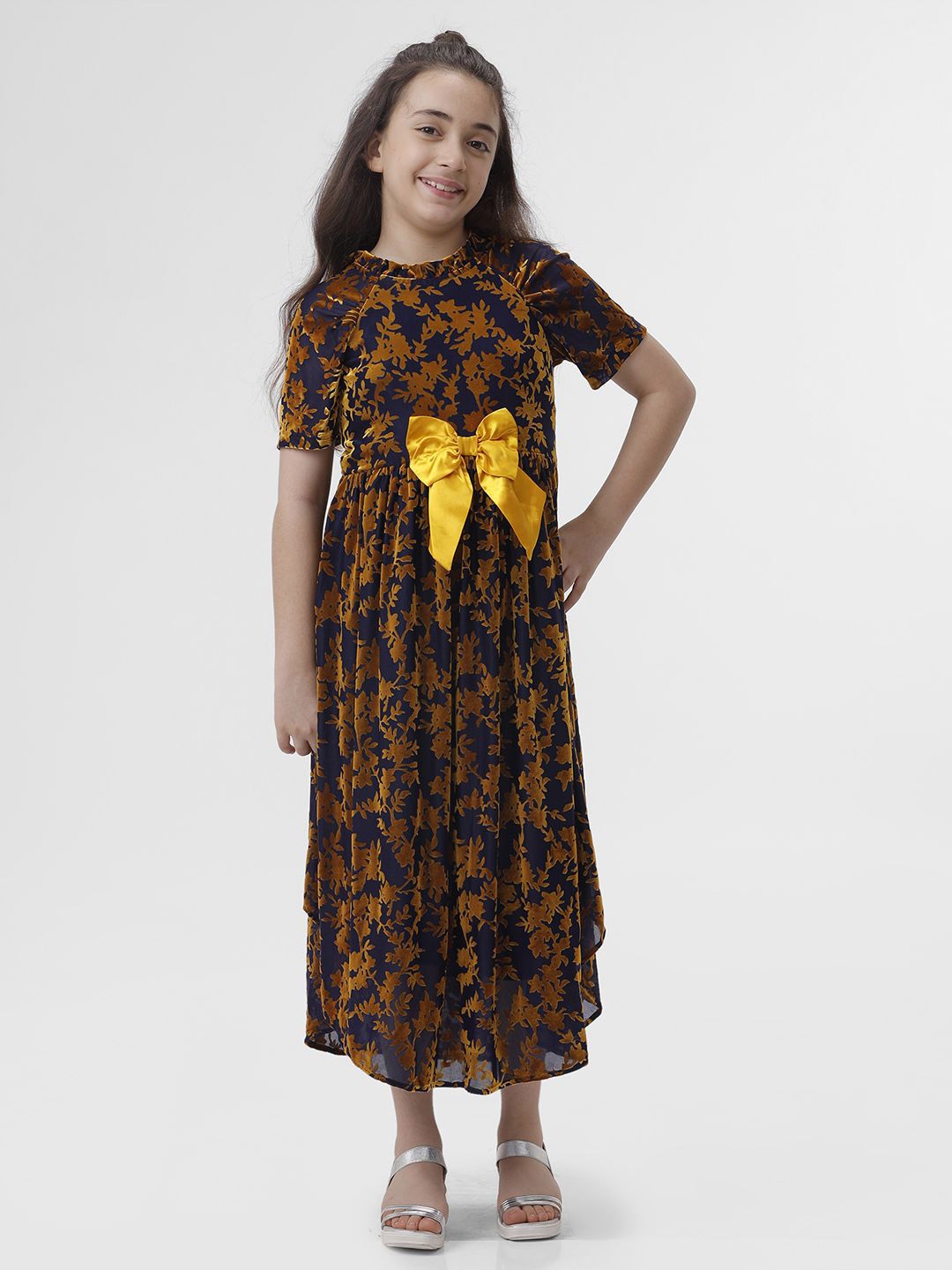 

KATE & OSCAR Girls Floral Printed Fit & Flare Midi Dress, Navy blue