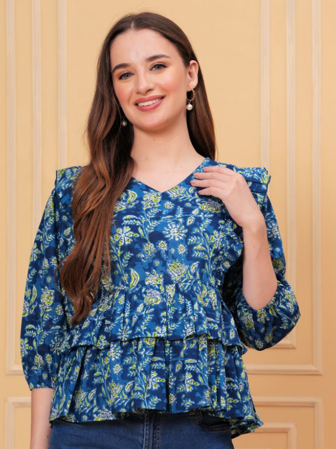 

KALINI Women Floral Printed V-Neck Cotton Top, Blue