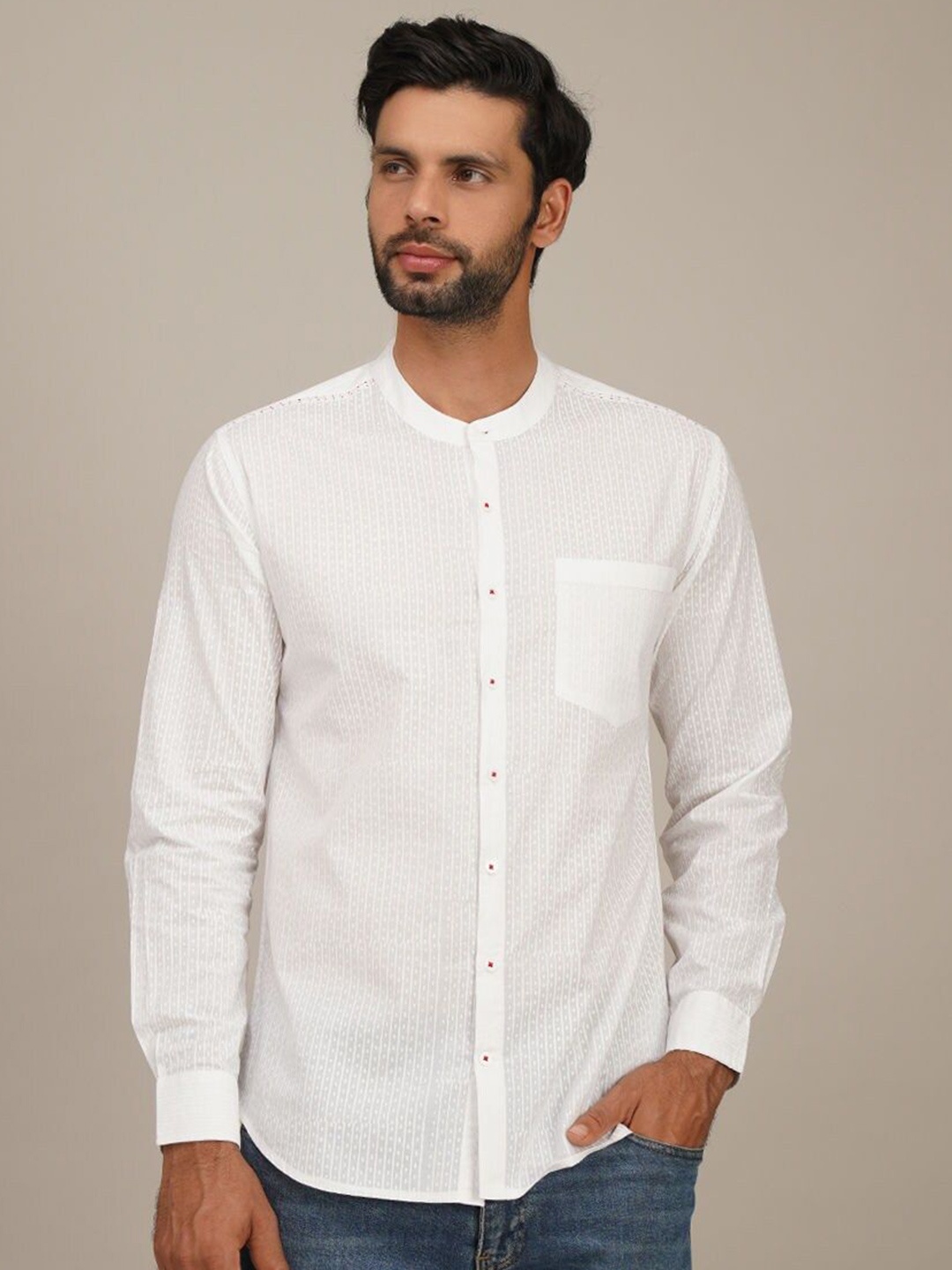 

JAYPORE Men Standard Striped Casual Pure Cotton Shirt, White