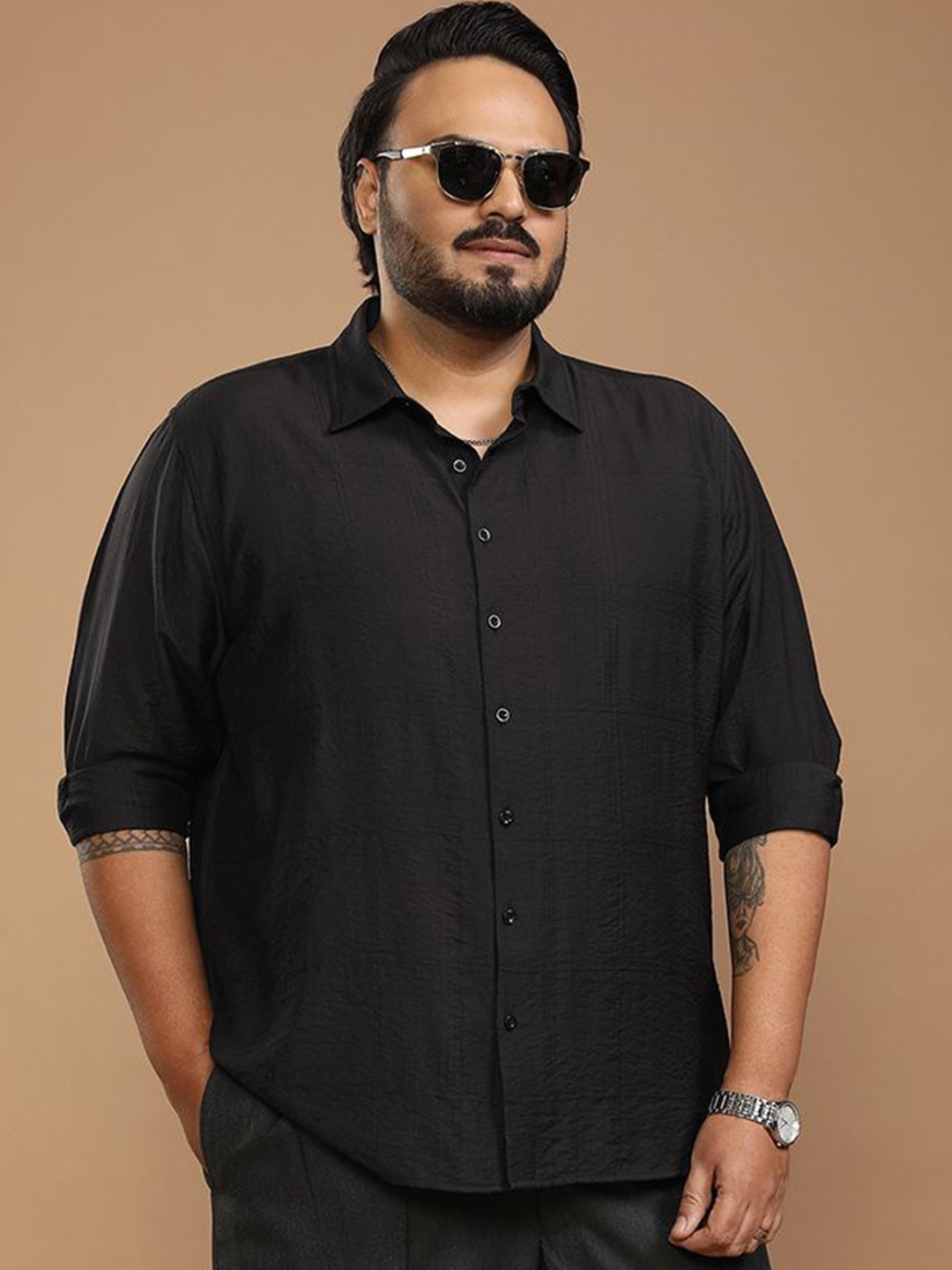 

HIGHLANDER Men Dobby Plus Size Relaxed Fit Opaque Cotton Casual Shirt, Black