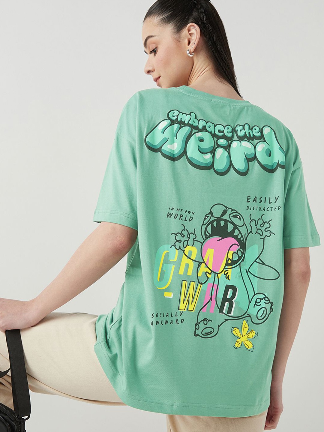 

Bewakoof Women Disney Graphic Printed Oversized Pure Cotton T-shirt, Green