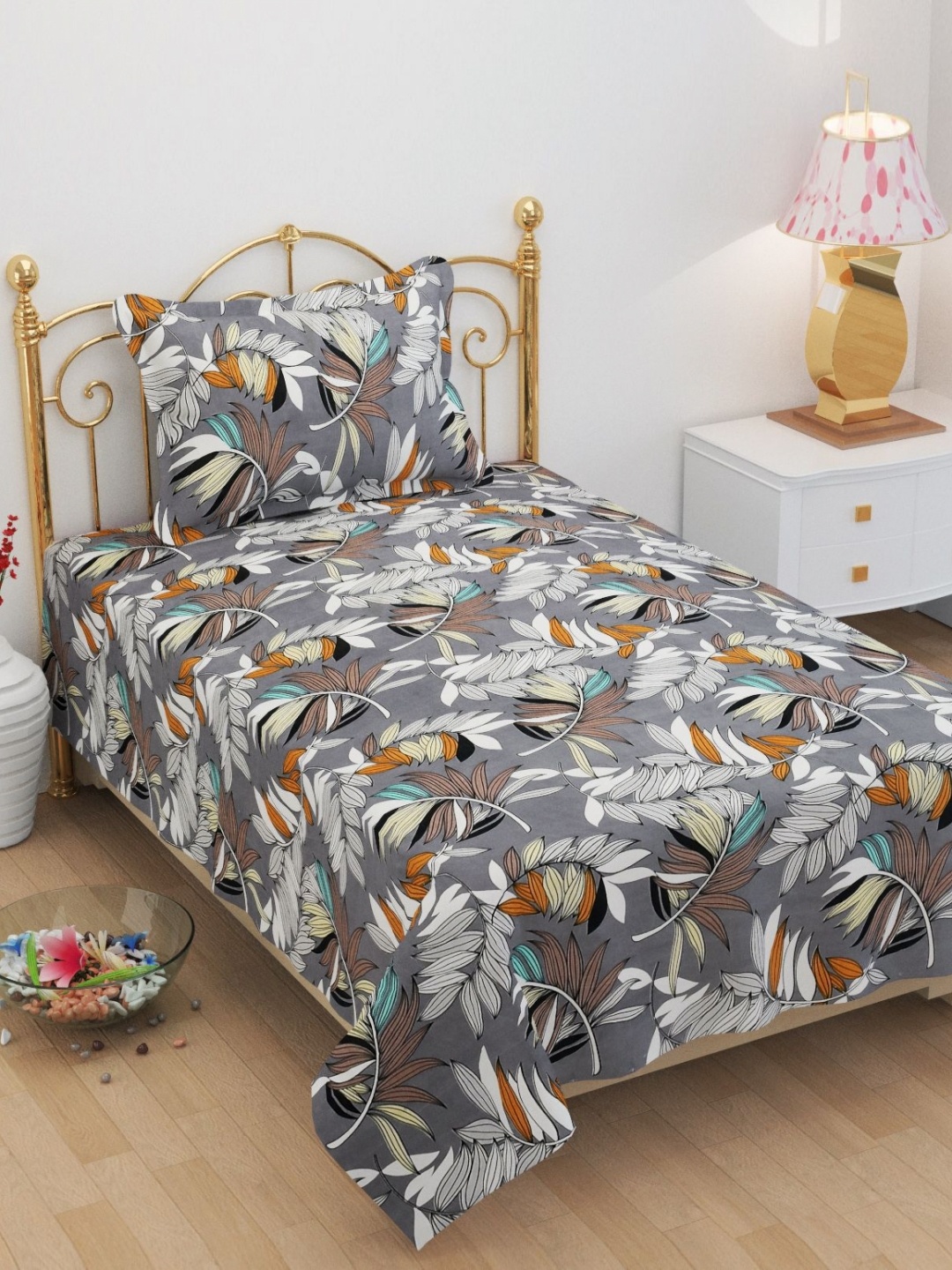 

FINE TEX WORLD Mayur Grey Printed Microfiber 210 TC Single Bedsheet Set 2.28 x 1.52m