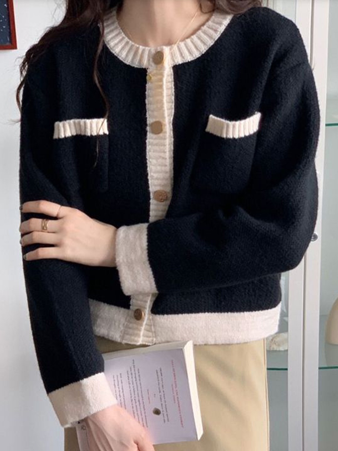 

LULU & SKY Women Colourblocked Cardigan Sweaters, Black