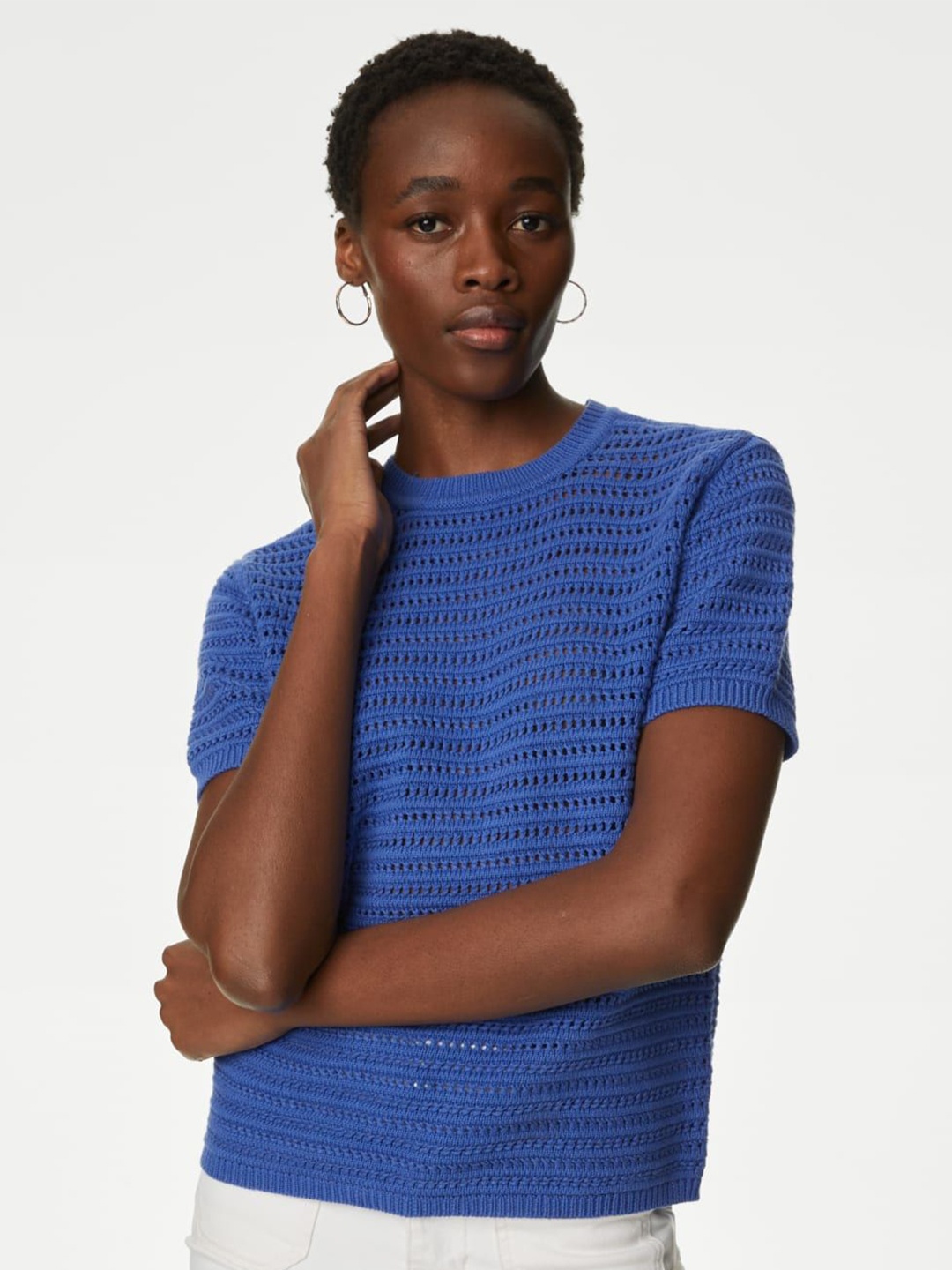 

Marks & Spencer Women Self Design Cotton Top, Blue