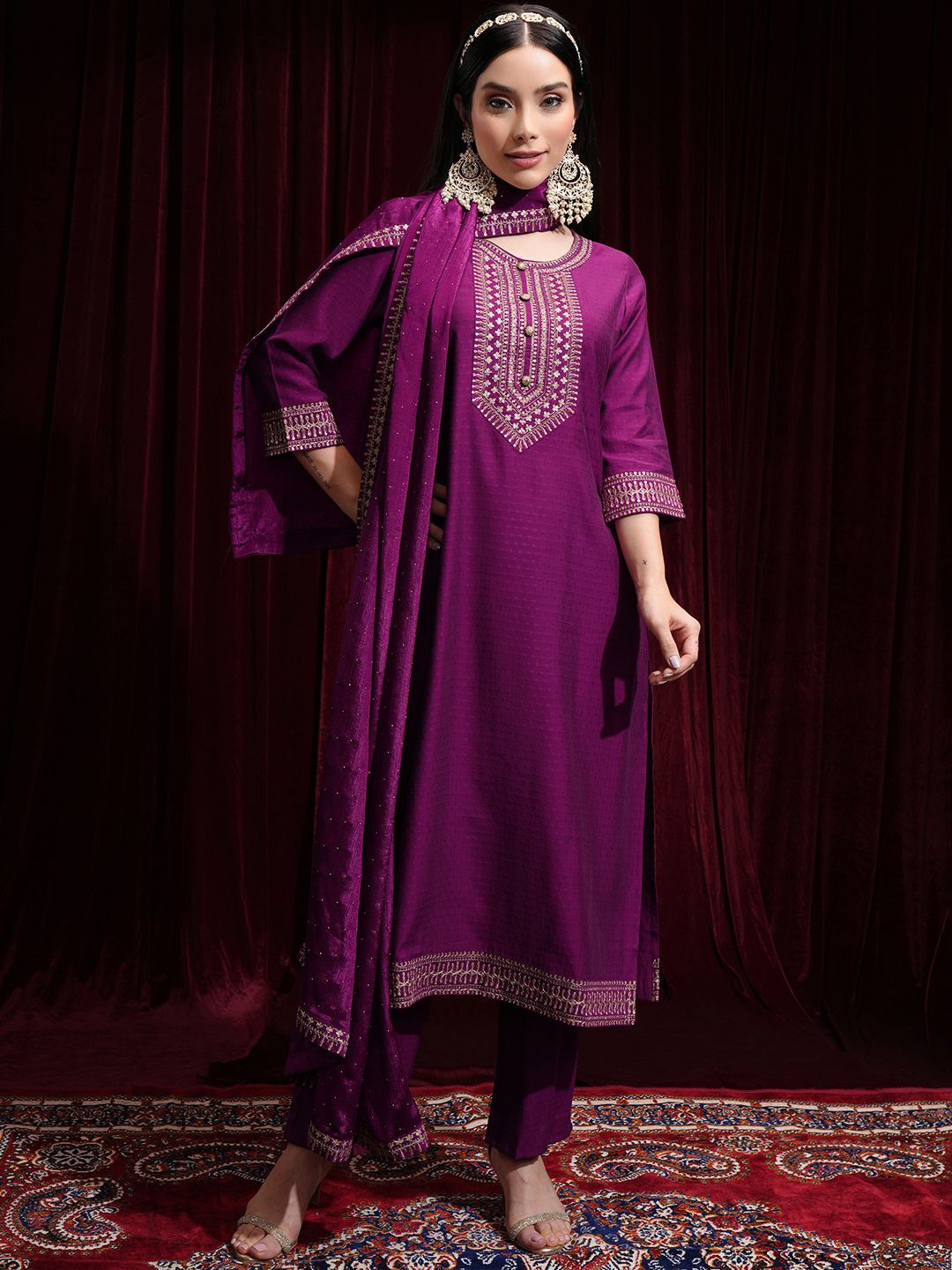 

Vishudh Floral Embroidered Sequinned Round Neck Straight Kurta with Palazzos & Dupatta, Magenta