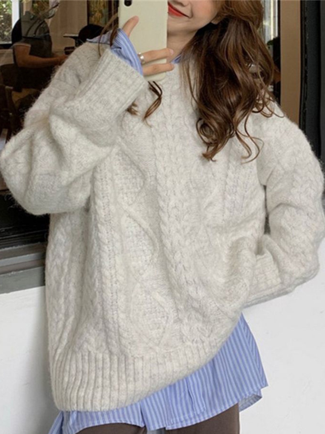 

LULU & SKY Women Self Design Open Knit Pullover, Off white