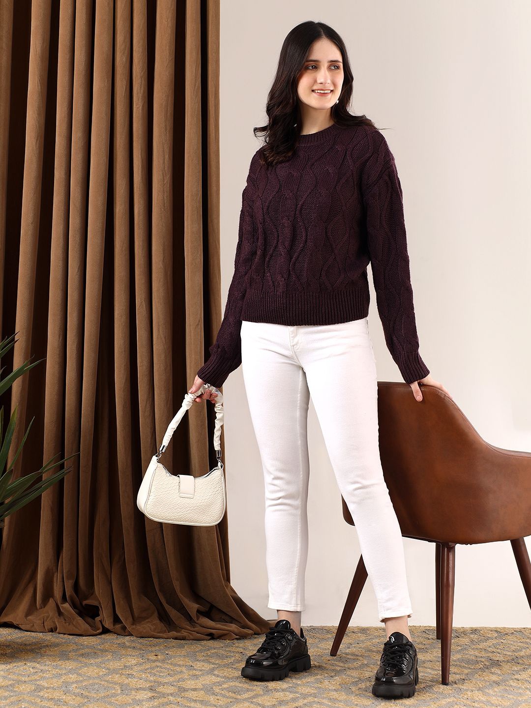 

Stylecast X Kotty Women Cable Knit Pullover Cotton Sweater, Burgundy