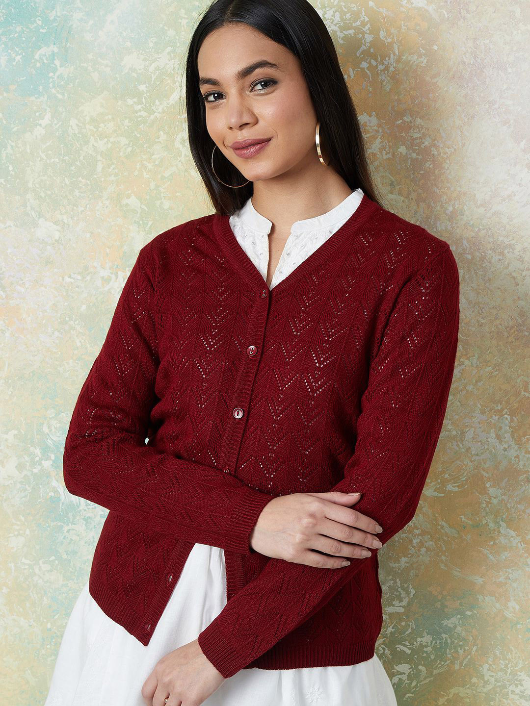

Melange by Lifestyle Women Self Design Long Sleeves Cardigan, Maroon