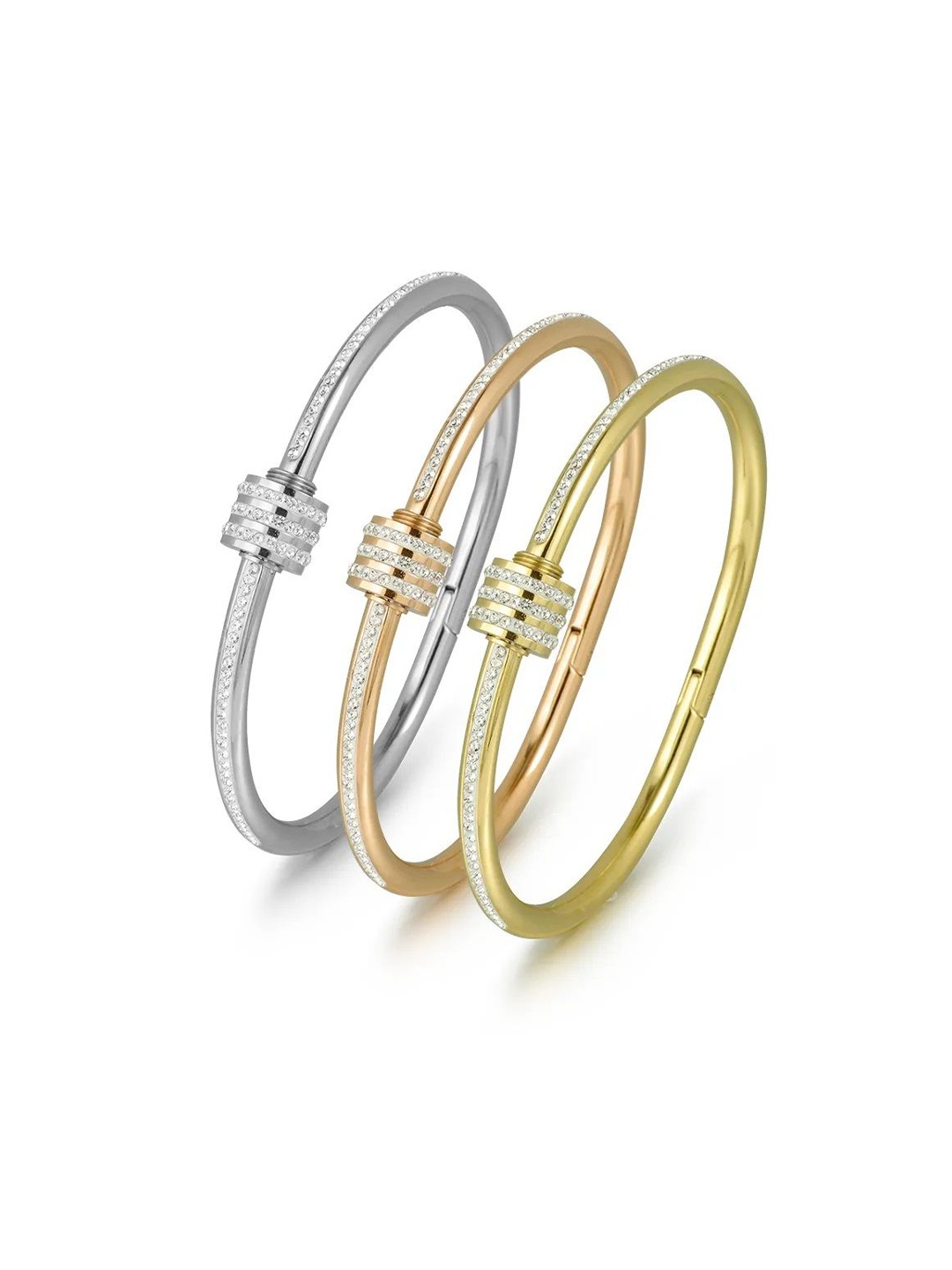 

DIVASTRI Set Of 3 Stainless Steel Gold-Plated American Diamond Studded Kada Bracelets