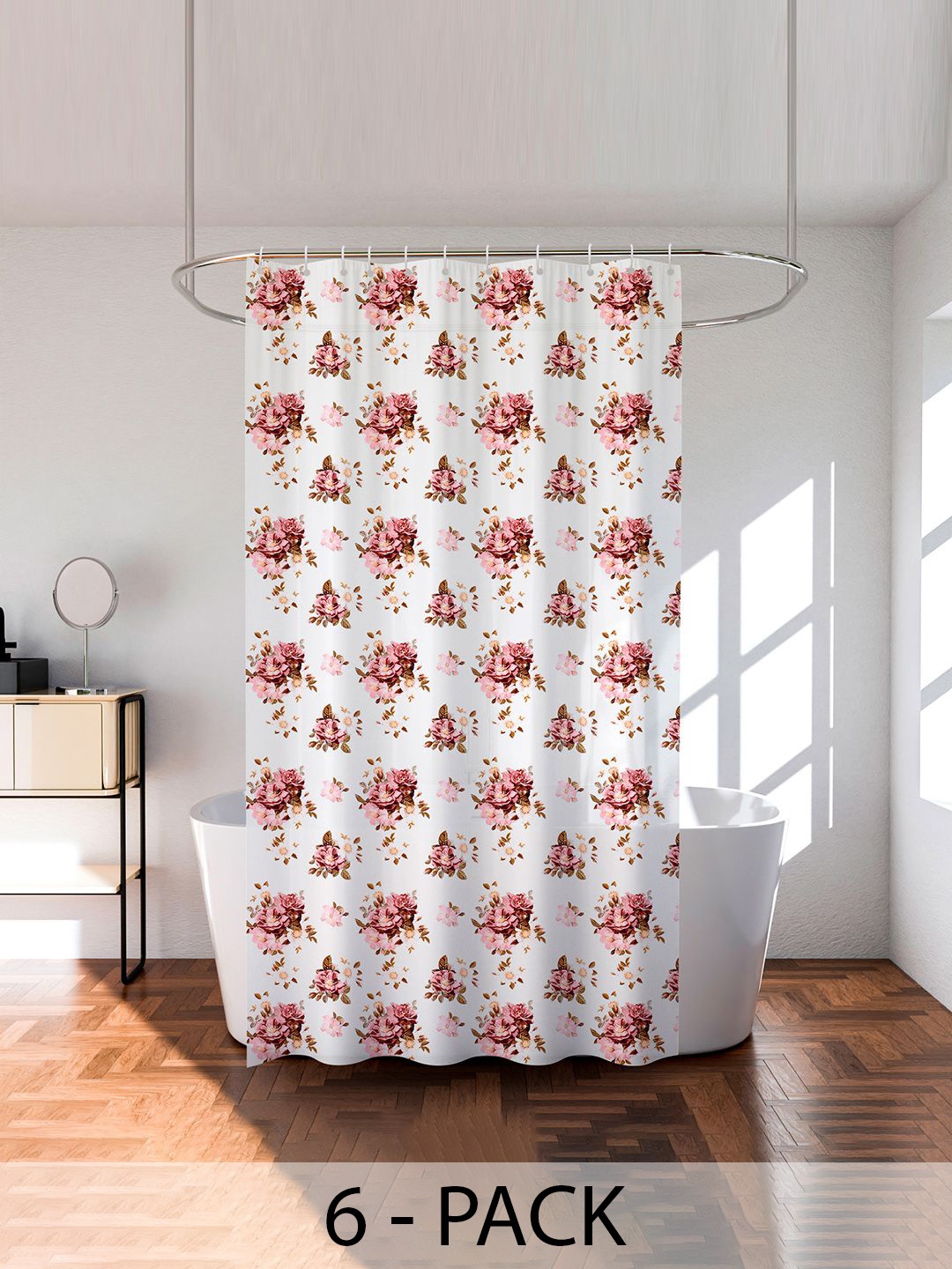 

Kuber Industries Transparent & Pink 6 Pieces Floral Printed Shower Curtain With Rings