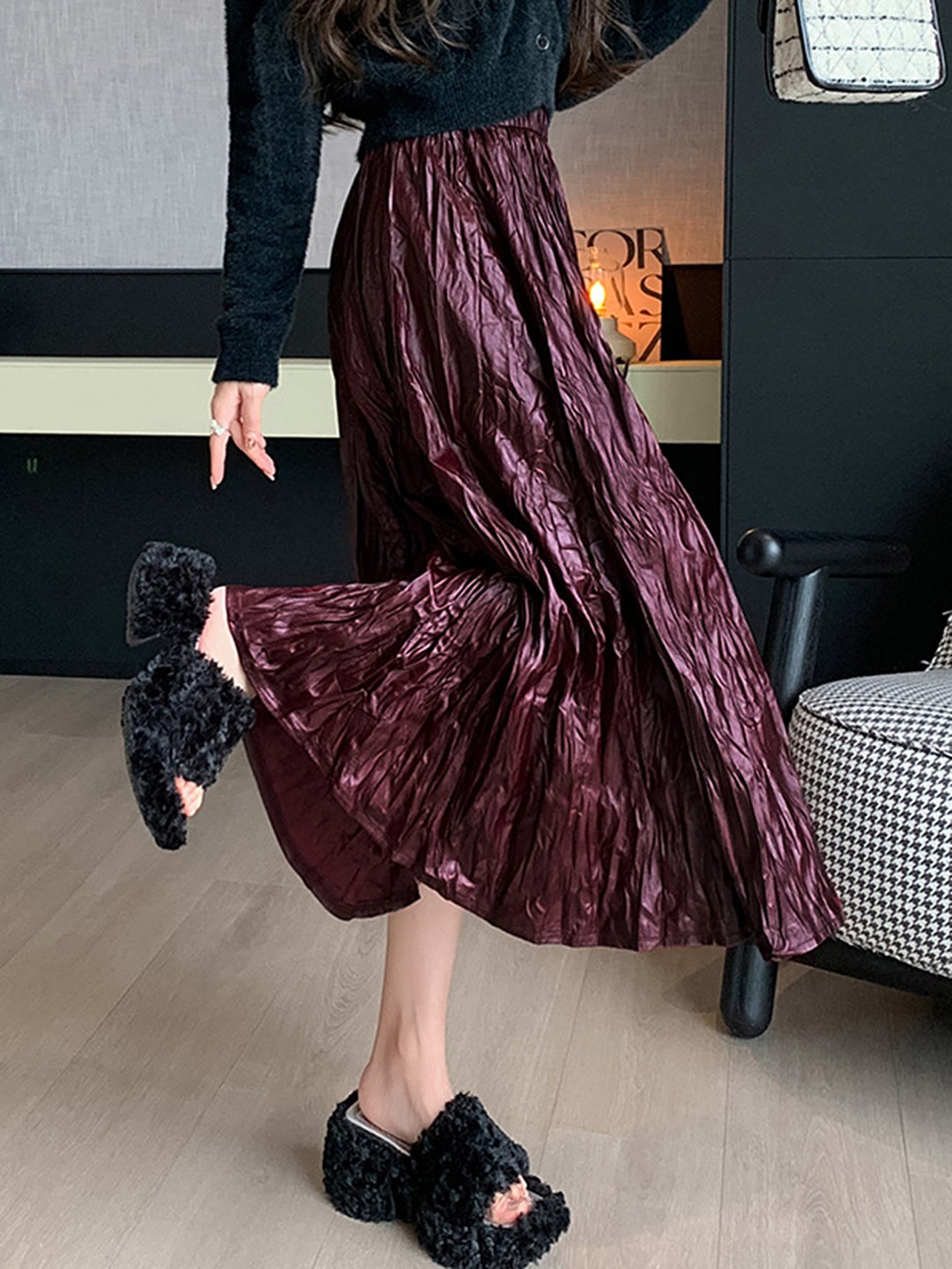 

LULU & SKY Women Textured Flared Straight Midi Skirt, Burgundy
