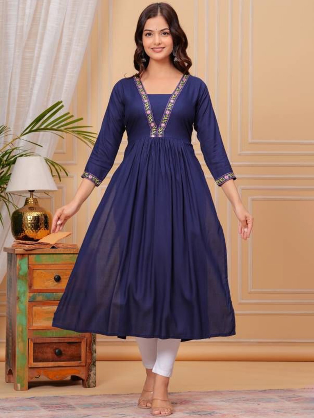 

JALTHER Square Neck Floral Embroidered Thread Work Pleated A-Line Kurta, Blue