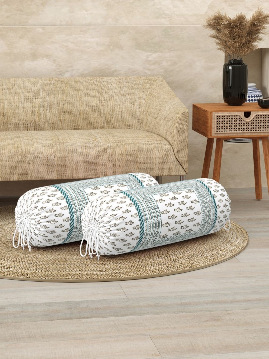 

BLOCKS OF INDIA Green & White 2 Pieces Ethnic Motifs Printed Bolster Covers