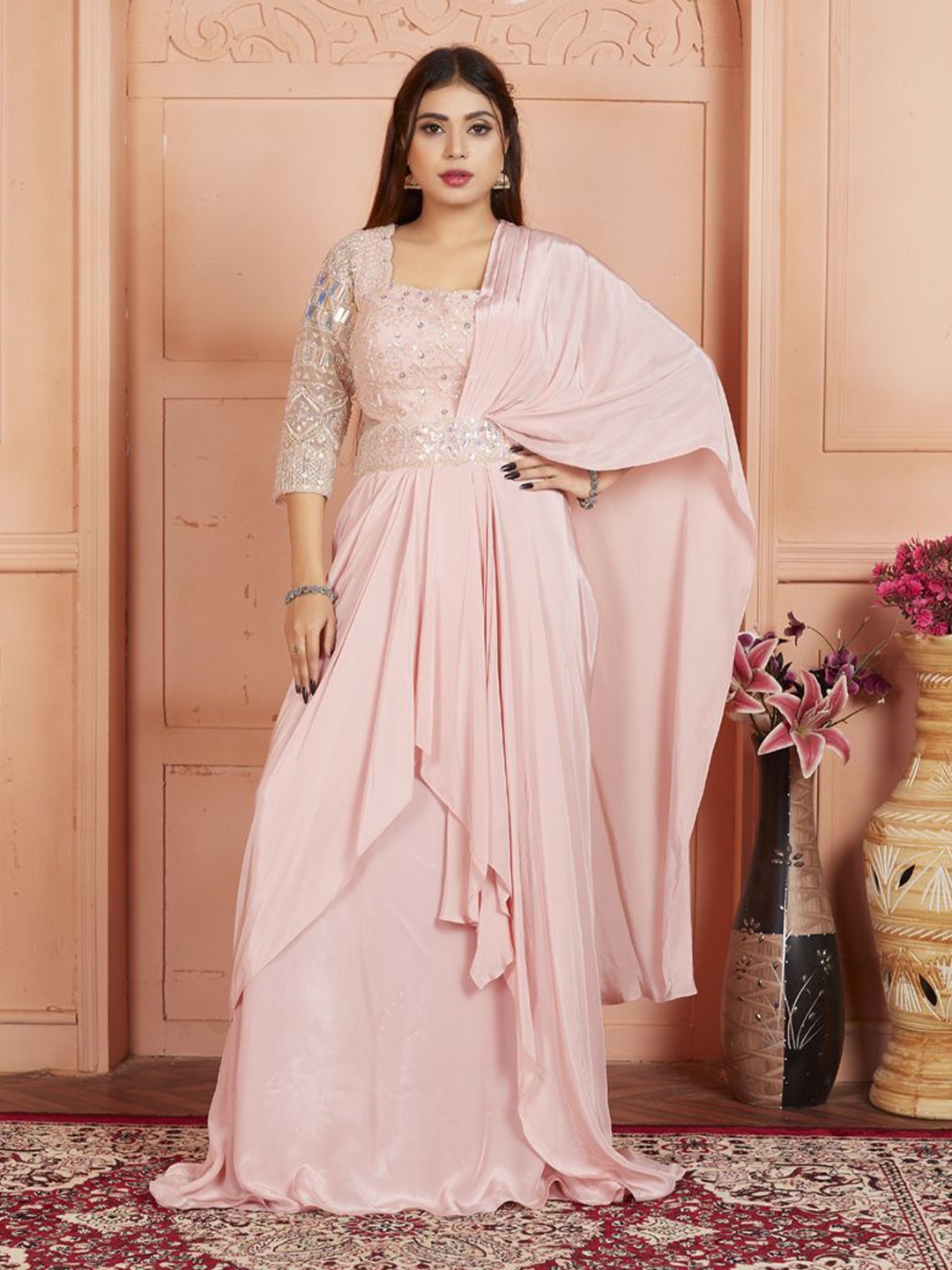 

EVASTRO Women Solid Lehenga Saree With Beads And Stones Embellished Blouse, Pink
