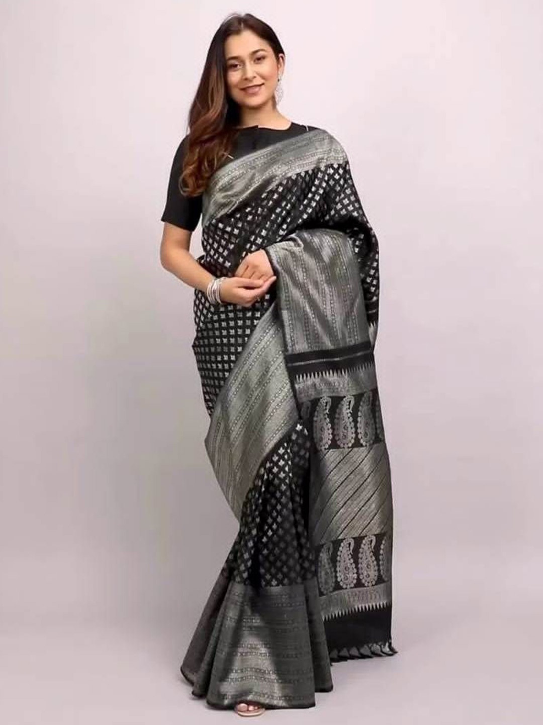 

Fashion Booms Ethnic Motifs Woven Design Zari Pure Silk Banarasi Saree, Black