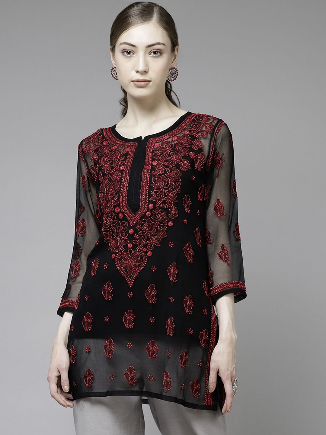 

ADA Ethnic Motifs Embroidered Pure Georgette Chikankari Kurti, Black
