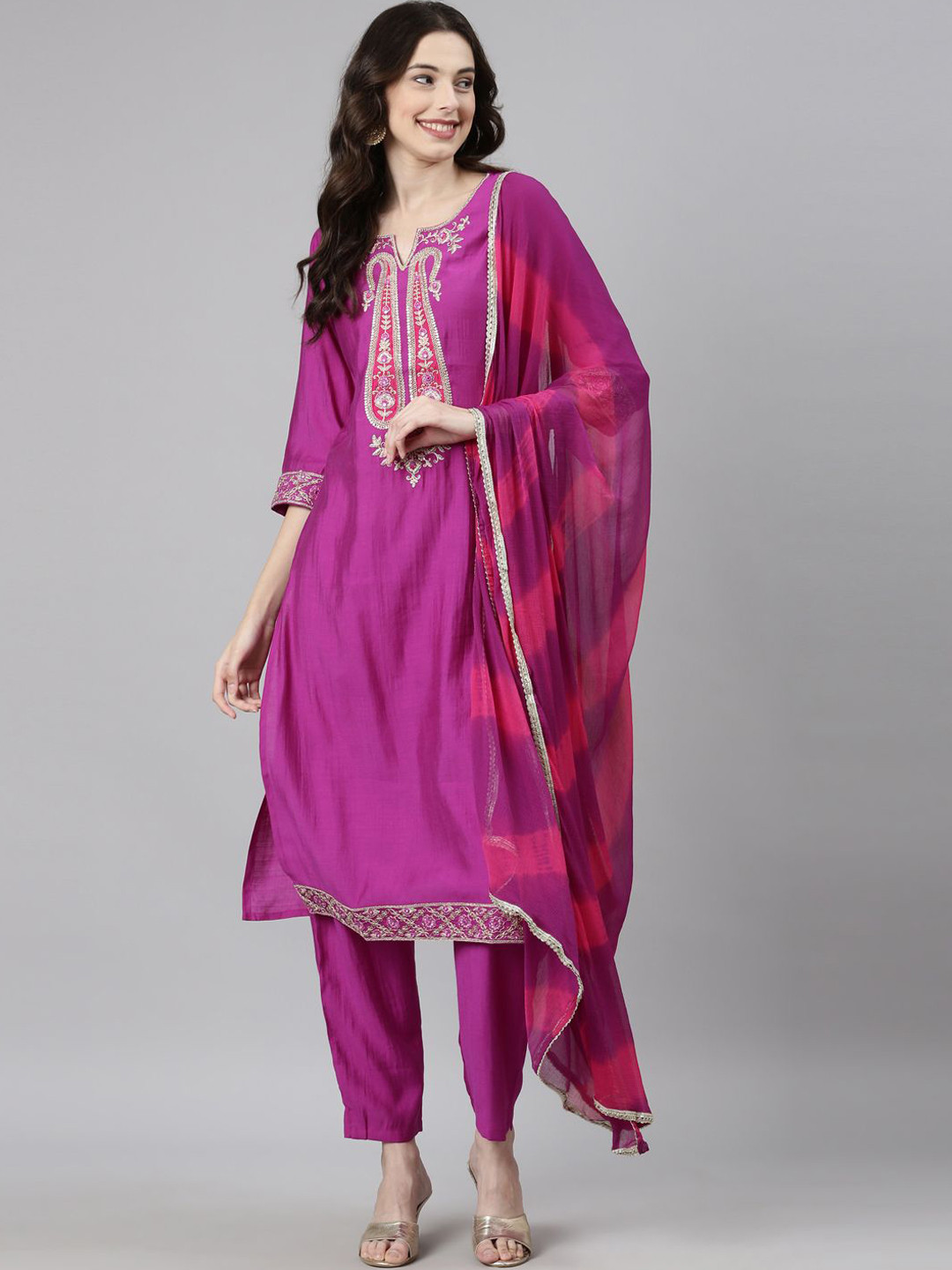 

Neerus Paisley Embroidered Kurta with Trouser & Dupatta, Purple