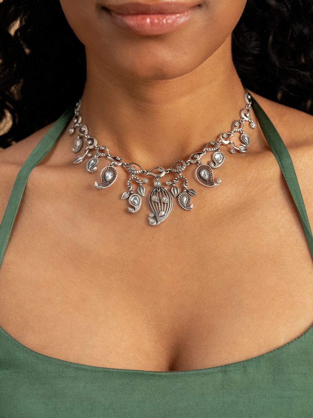 

SHAYA 925 Sterling Silver-Plated Oxidised Stone Studded Dhol Nagare Necklace