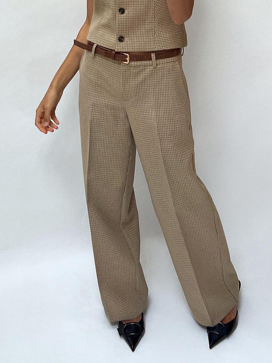 

LULU & SKY Women Checked Mid-Rise Straight Fit Regular Trouser, Beige