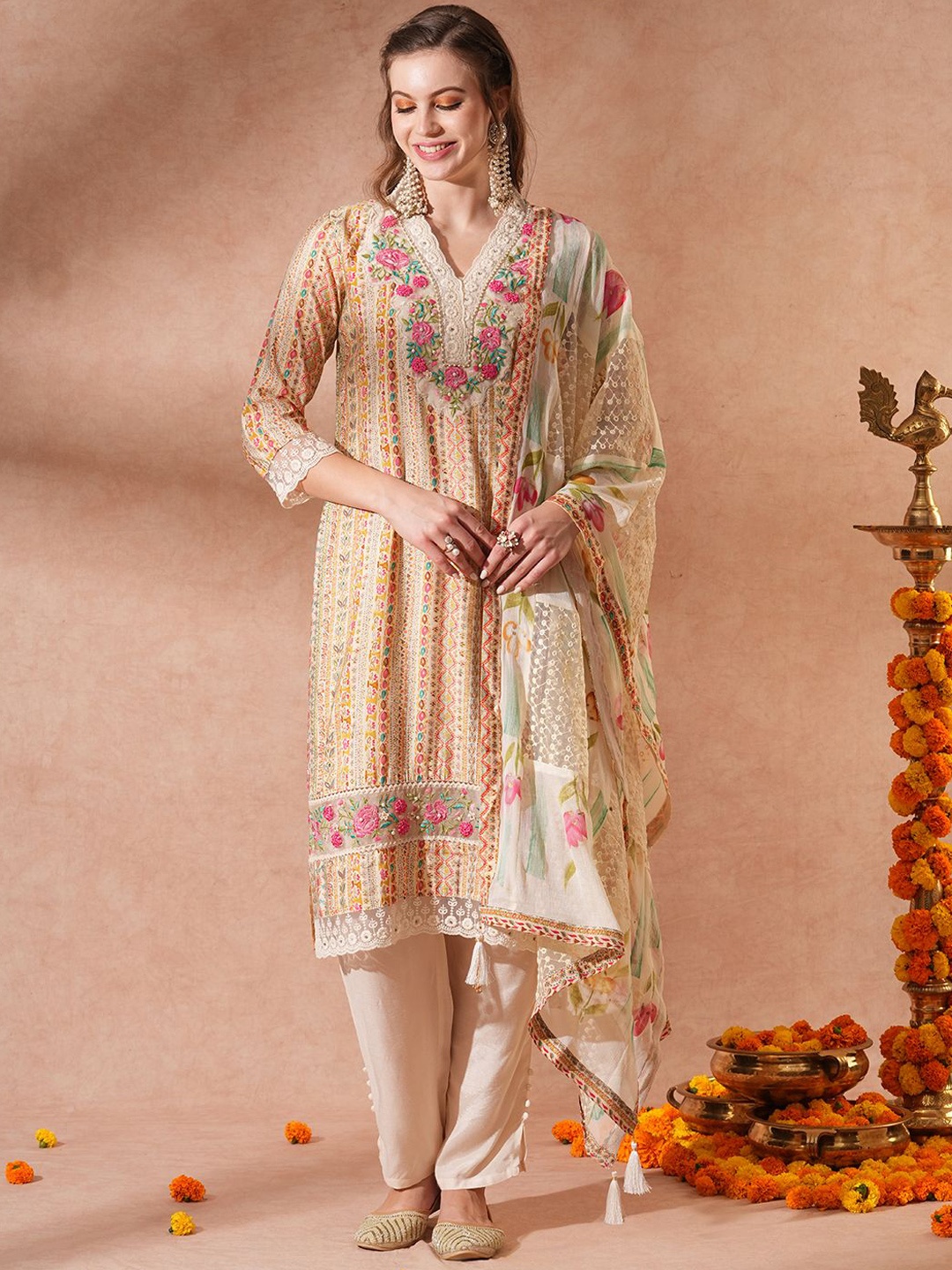 

FASHOR Ethnic Motifs Printed Thread Work Straight Kurta With Trouser & Dupatta, Beige