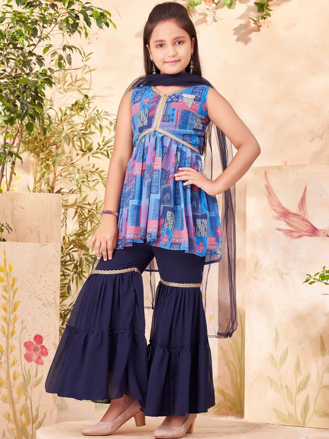 

Sangria Girls Abstract Printed Lace Georgette A-Line Kurta & Sharara With Dupatta, Blue