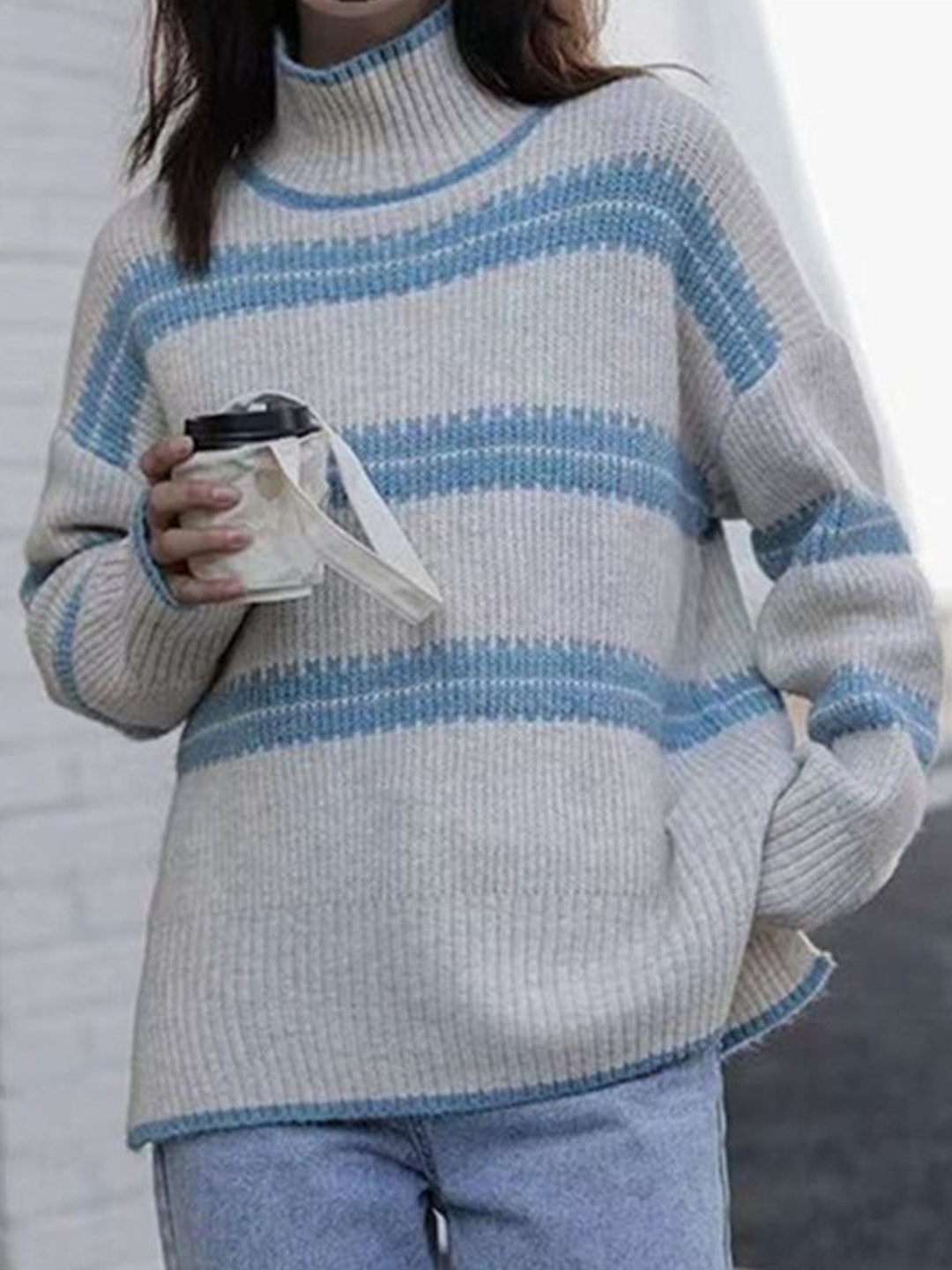 

LULU & SKY Women Turtle Neck Striped Pullover Sweater, Blue