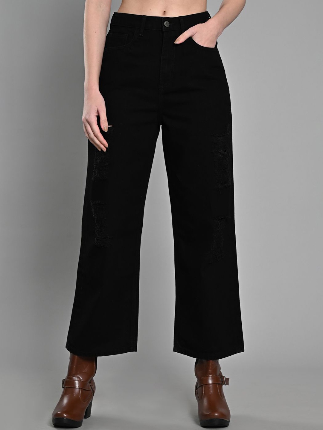 

IZEL Women Wide Leg Slash Knee Jeans, Black