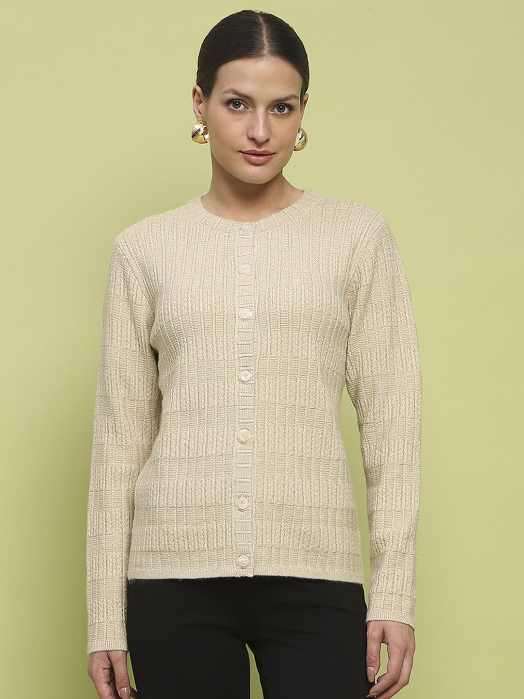 

Madame Women Cable Knit Self Design Cardigan, Beige