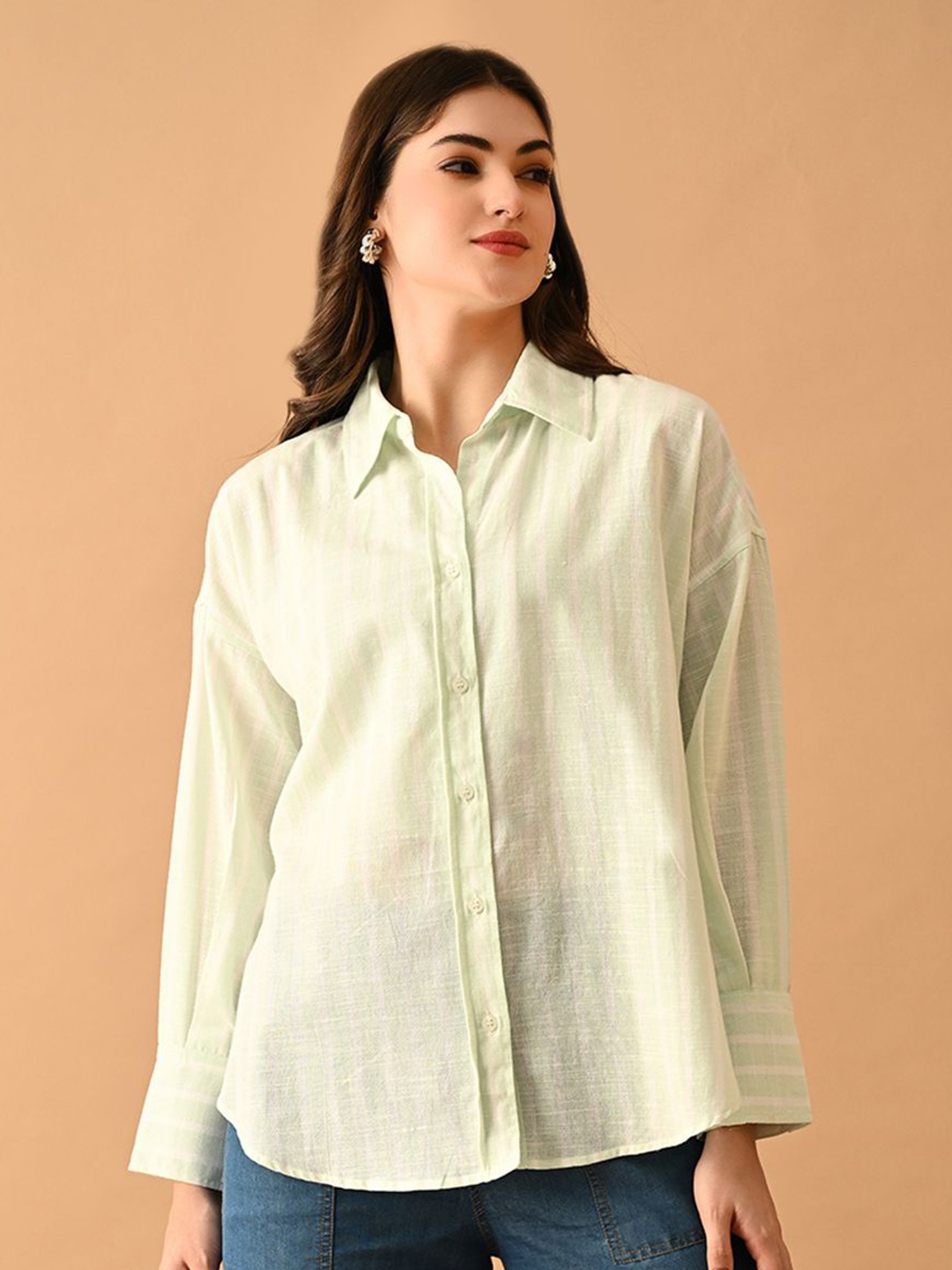 

PRETTY LOVING THING Women Striped Relaxed Fit Cotton Casual Shirt, Green