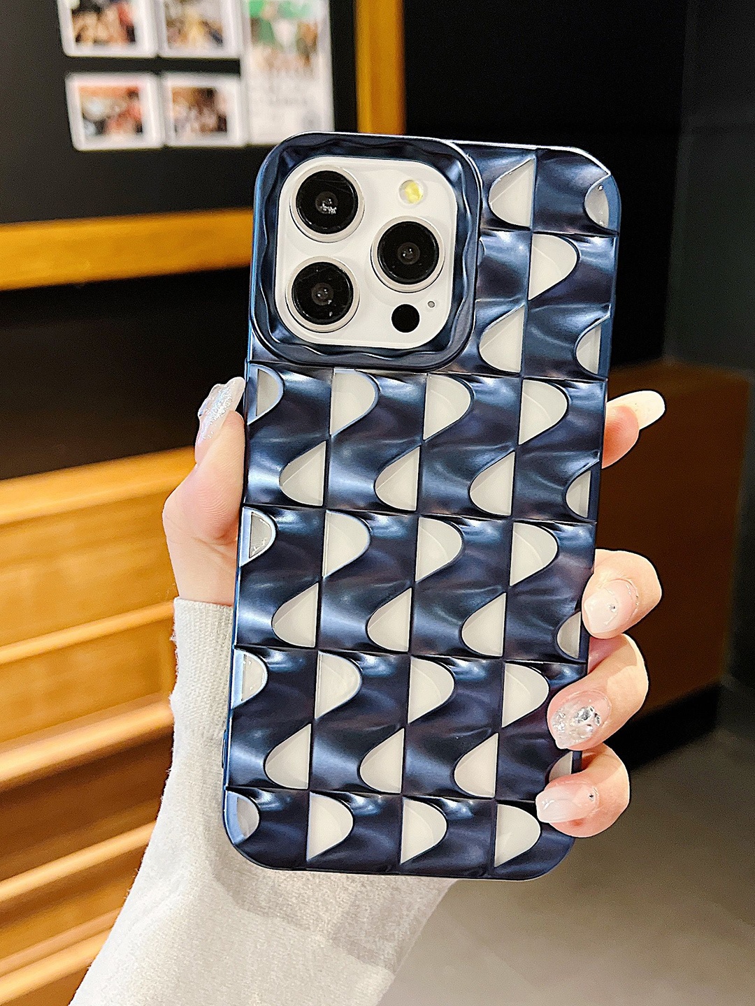 

Luxury Kase Texture iPhone 15 Pro Back Case, Navy blue