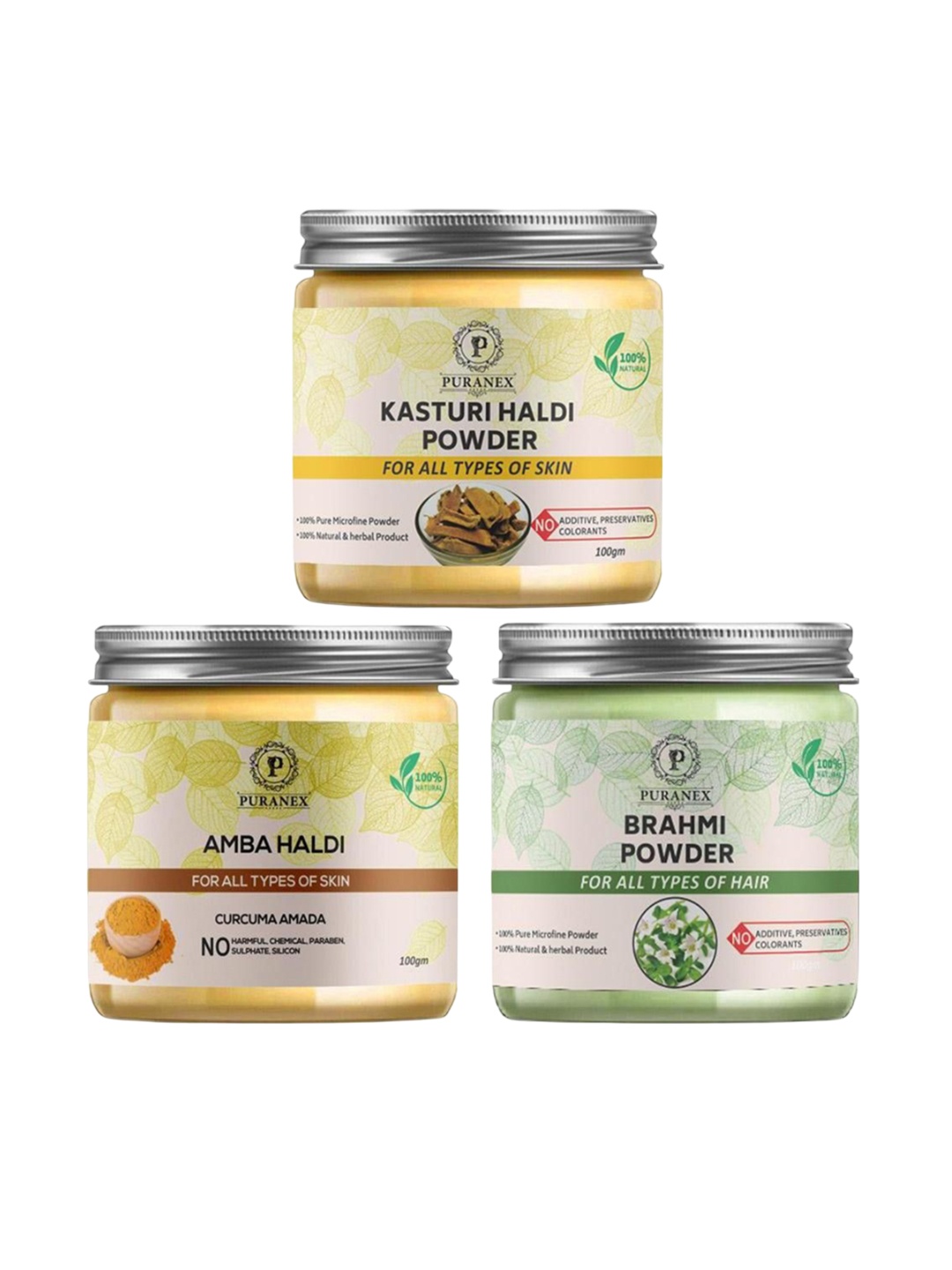 

Puranex Set Of 3 100% Natural Amba Haldi - Kasturi Haldi & Brahmi Powder - 100 g Each, Yellow