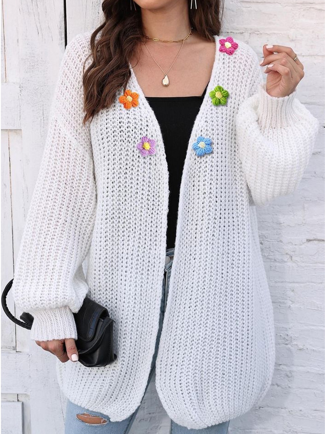 

LULU & SKY Women Cable Knit Longline Front-Open, White