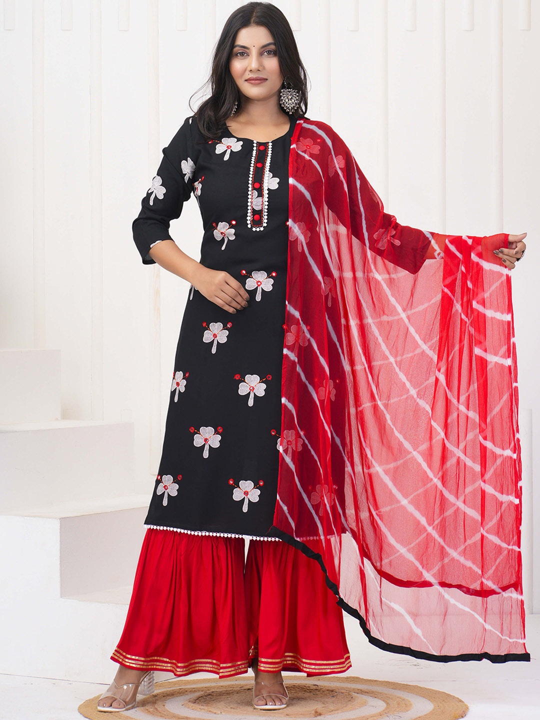 

Kamayra Floral Embroidered Mirror Work Straight Kurta with Sharara & Dupatta, Black