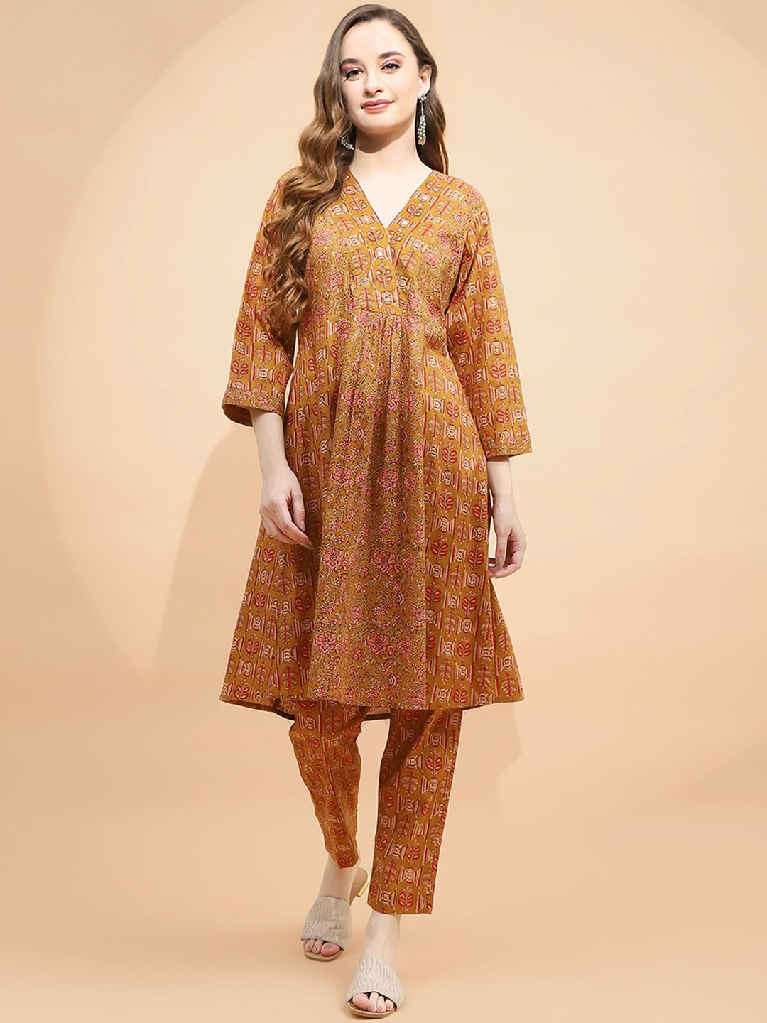 

Me&I V-Neck Floral Printed Pure Cotton A-Line Kurta with Trousers, Brown