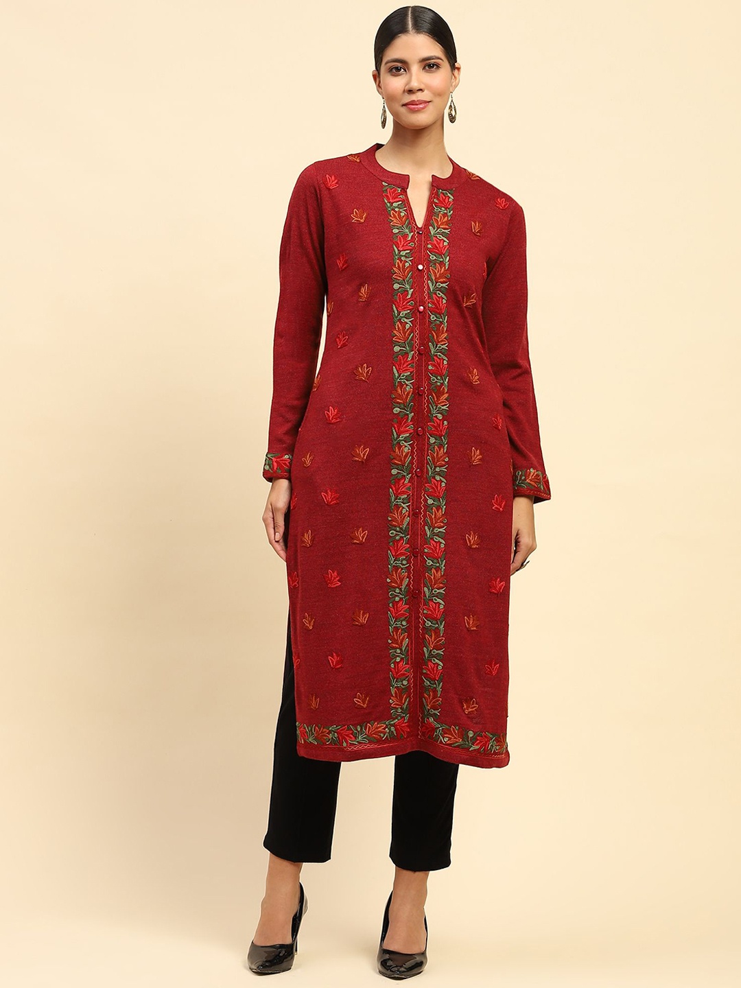 

Me&I Floral Embroidered Mandarin Collar Woollen Straight Kurta, Orange