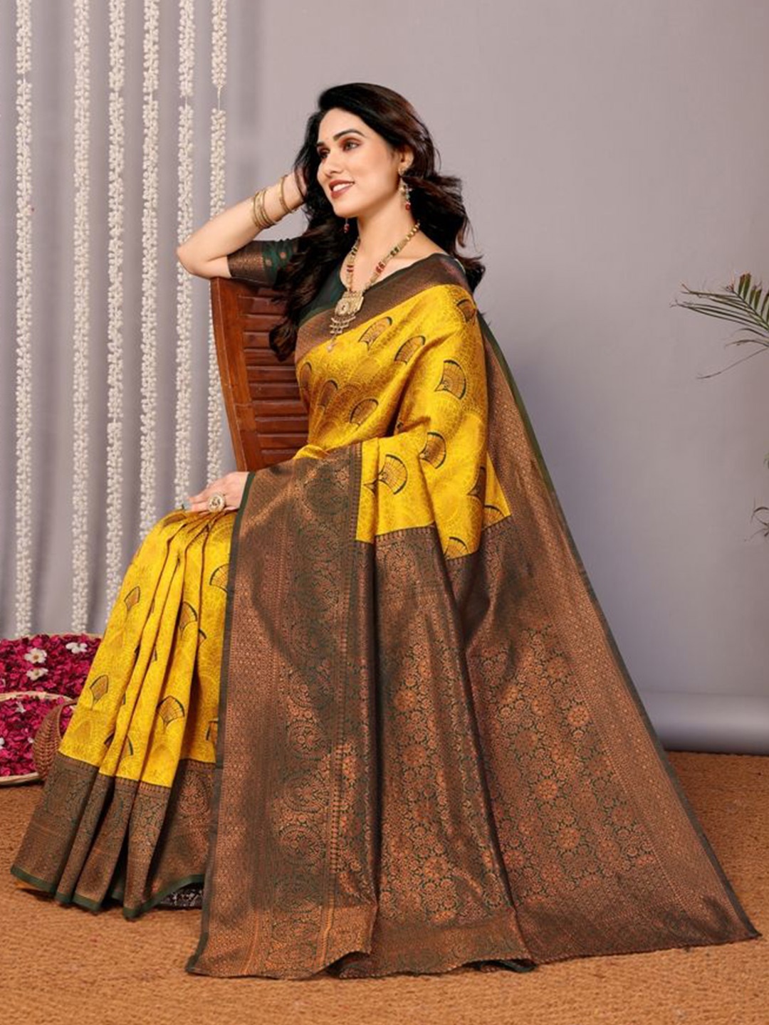 

RASVRITI Woven Design Zari Art Silk Banarasi Saree, Yellow