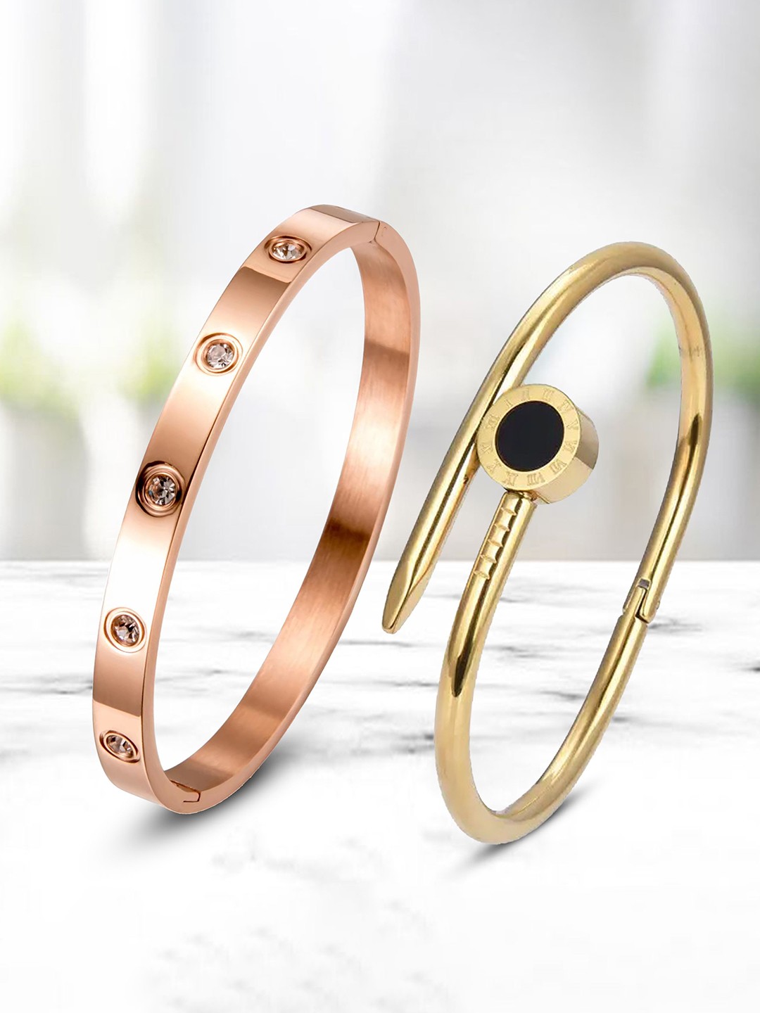 

DIVASTRI Women Pack Of 2 Rose Gold-Plated American Diamond Antique Kada Bracelet