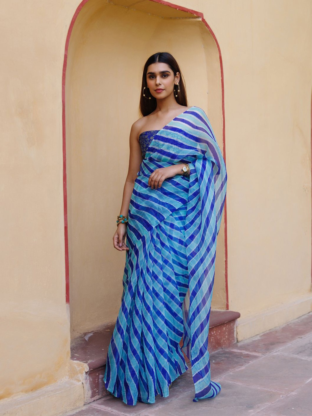 

Geroo Luxe Leheriya Organza Leheriya Saree, Turquoise blue