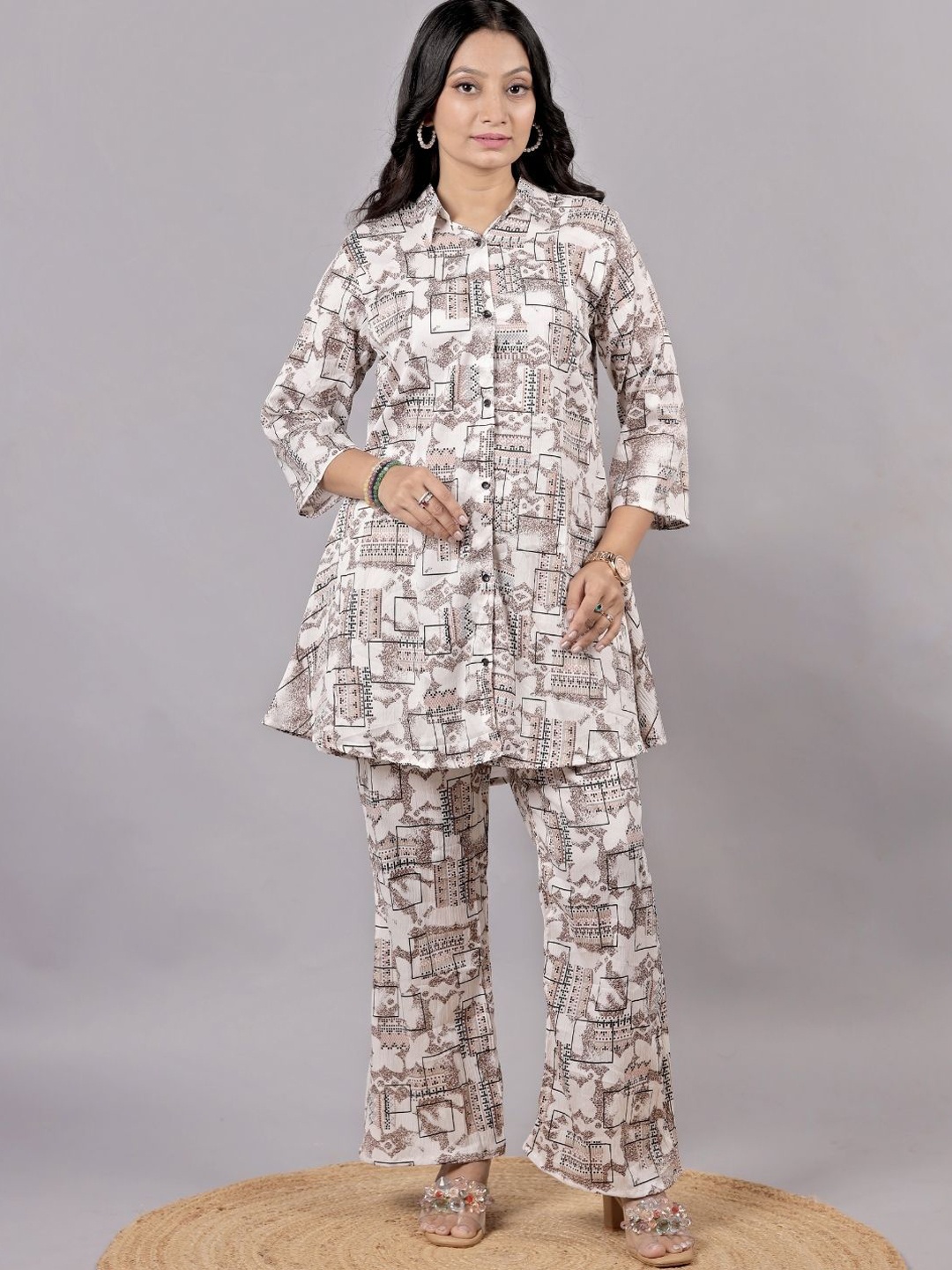 

NIJANAND TEXTILE Shirt Collar Printed Pure Cotton Top With Trouser, Off white