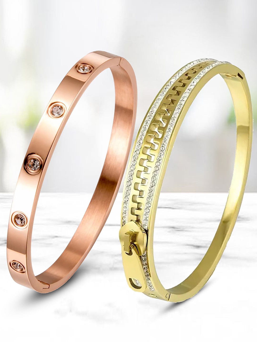 

DIVASTRI Set Of 2 Stainless Steel Gold-Plated American Diamond Studded Kada Bracelets