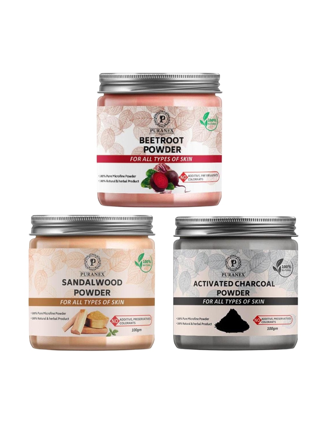 

Puranex Set Of 3 Beetroot, Sandalwood & Activated Charcoal Face Pack Powder - 100 g Each, White
